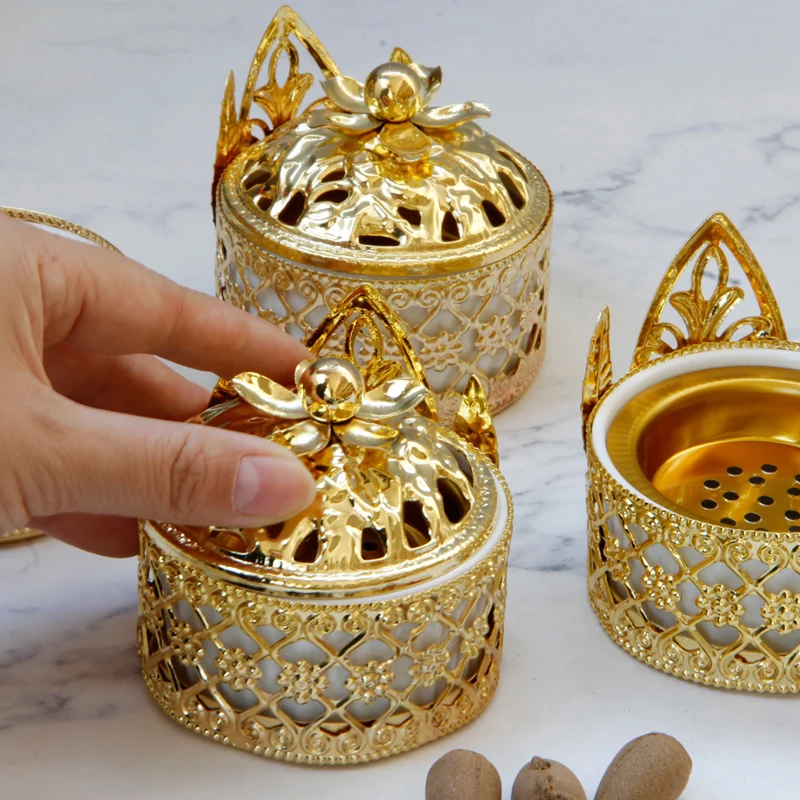 Candlee-Juego de recipientes de tapa árabe, conos de humo de Metal para casa y oficina, decoración de meditación, Incienso Cono de oro de loto