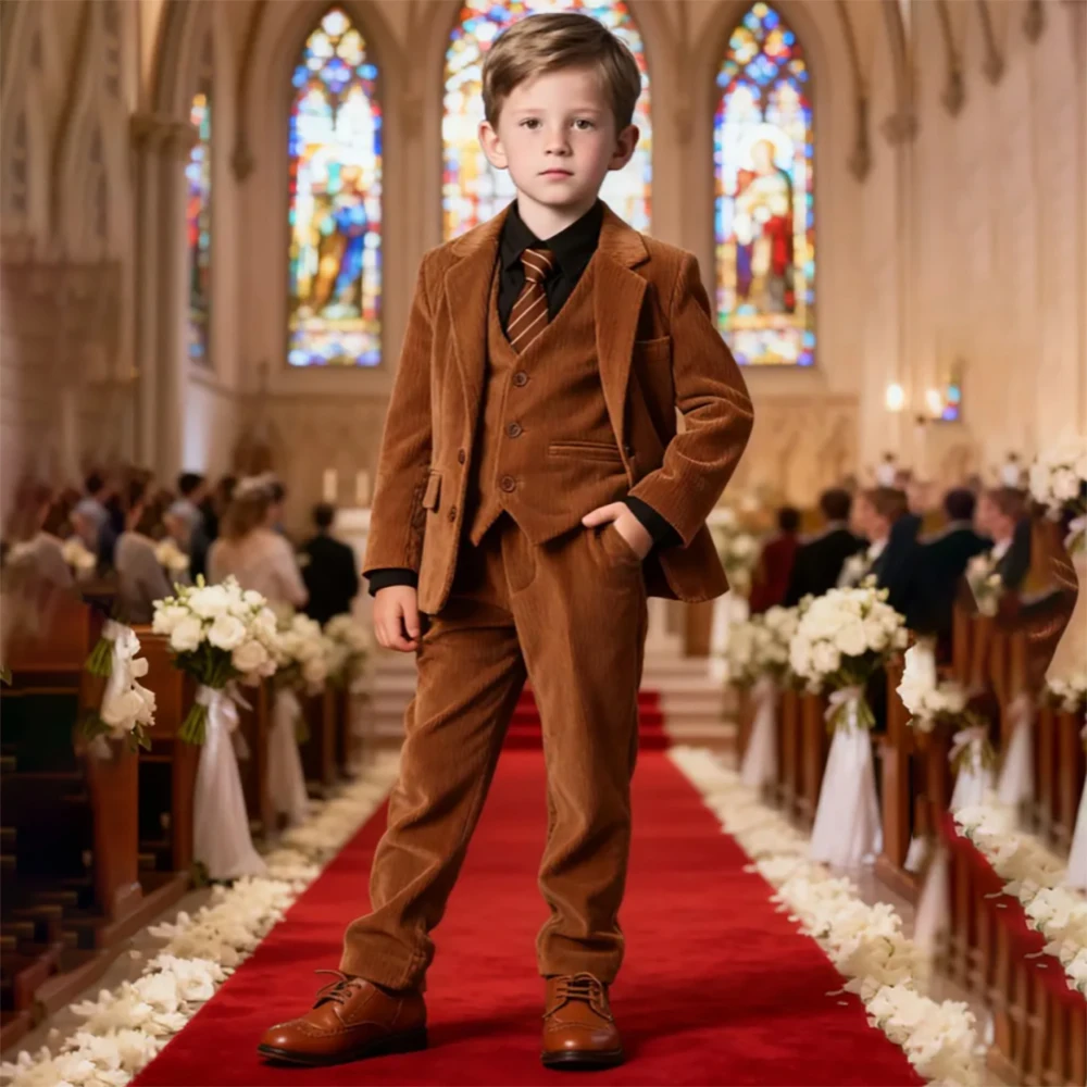 

Fashion Children Clothing Elegant Velvet Fashion Velvet Single Breasted Notch Lapel 3 Piece Jacket Pants Vest Boy's Suits