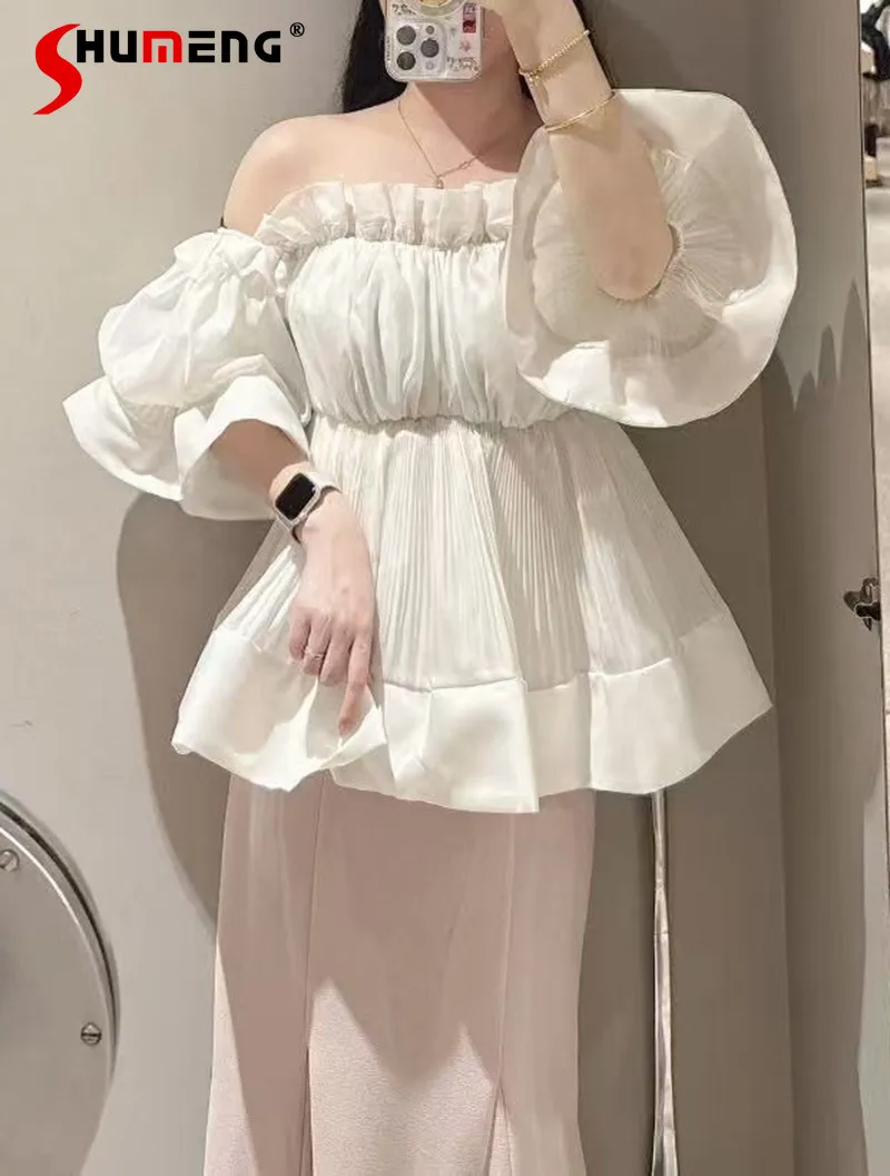 

2026 Spring and Summer New Japanese Style Women's Sweet Off-the-shoulder White Shirt Ladies Slim Elegant Basic Casual Shirt Tops