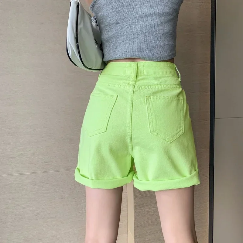 Hottie High Waist Five Point Shorts Summer Women Loose Casual A-Line Wide-Leg Denim Shorts Fashion Thin Breathable Green Jeans