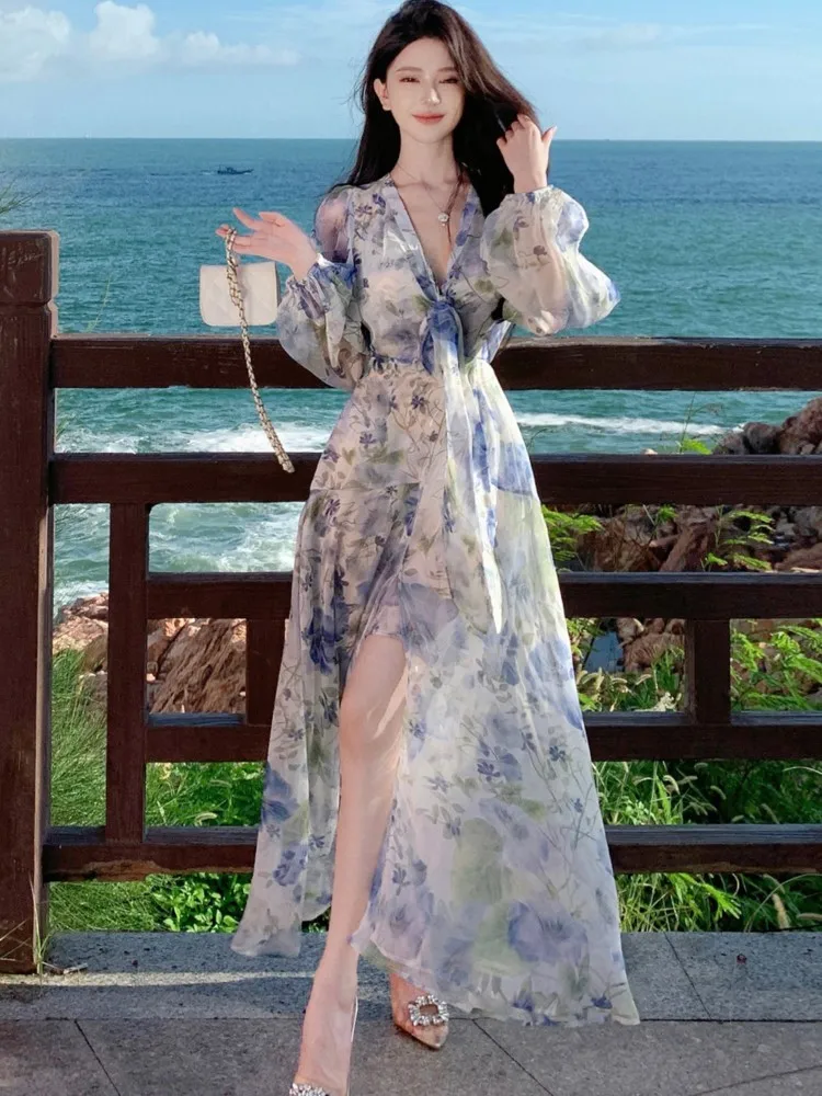 

Elegant Chiffon Print Dresses For Woman Summer V-Neck Slim Waist French Long Dress Fashion Split Holiday Basics 2025 New Vestido