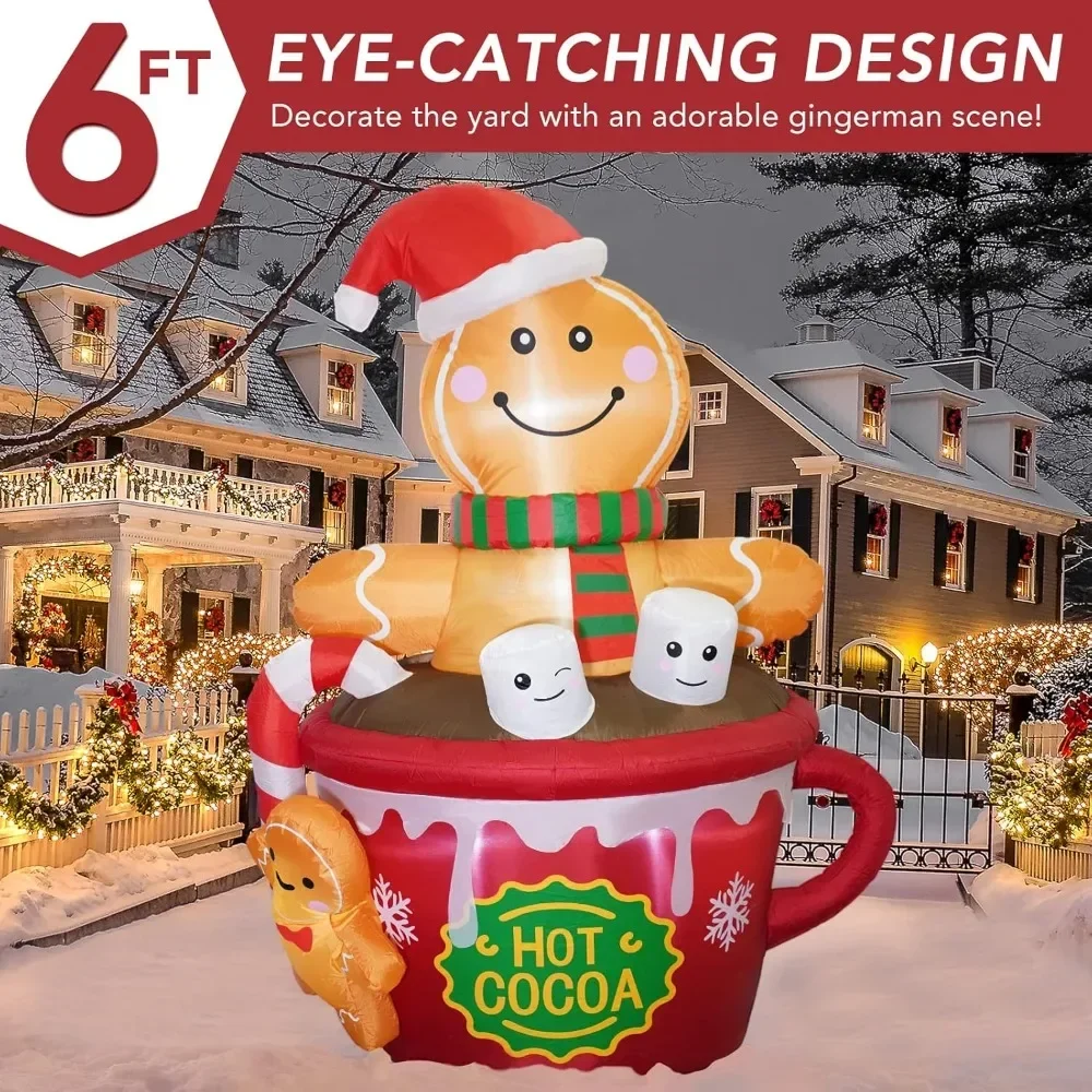 6 FT Christmas Inflatables Outdoor Decorations, Cute Christmas Blow Up Yard Decorations Gingerbread Man in Hot Cocoa Mug Scene