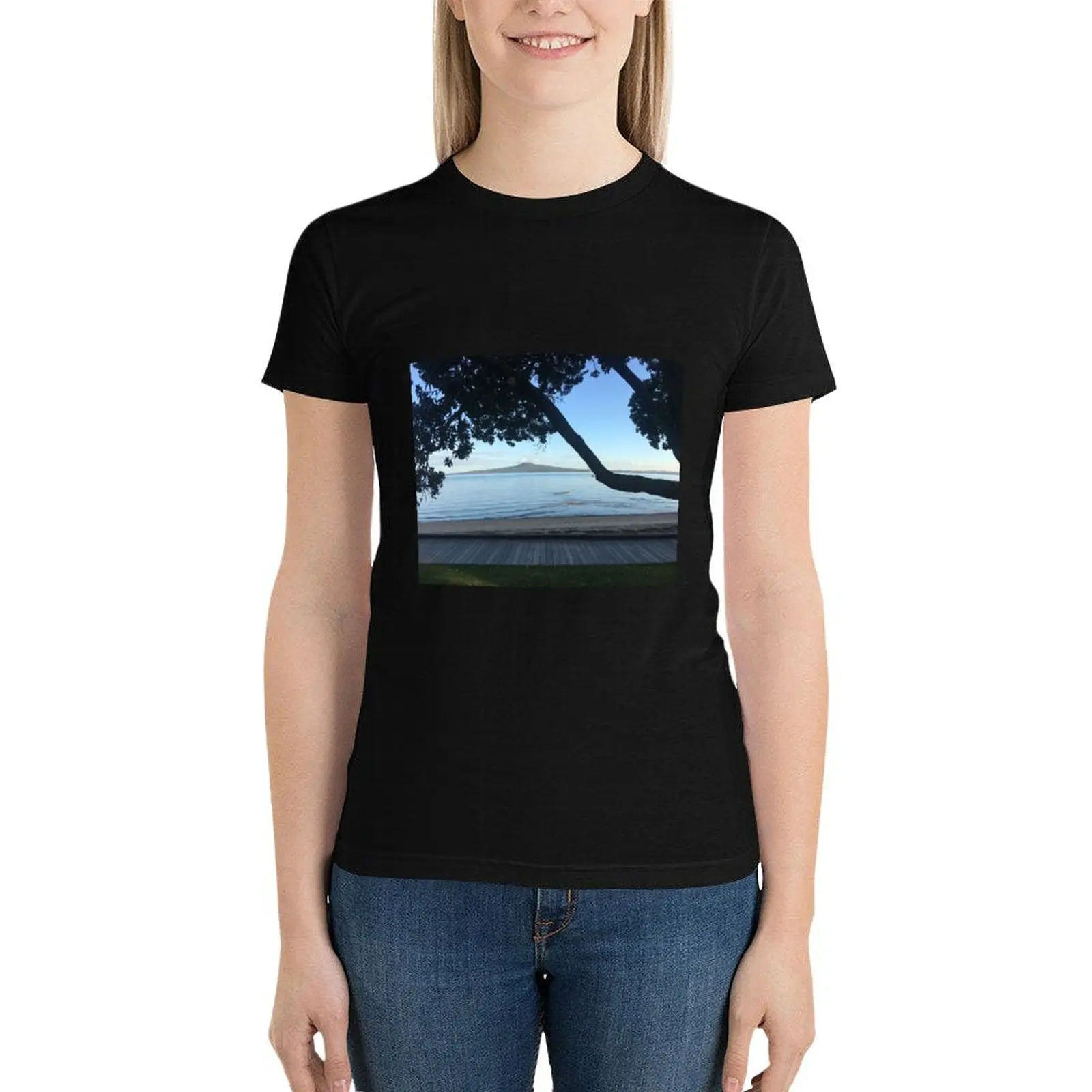 

Walk along the beach looking at Rangitoto Island in New Zealand T-Shirt plus size tops hippie clothes summer blouses woman 2024