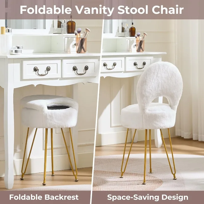 Faux Fur White Small Vanity Chair & Stool - Folding Back Storage Ottoman, Anti-Slip Golden V-Leg for Bedroom Makeup Room view 4
