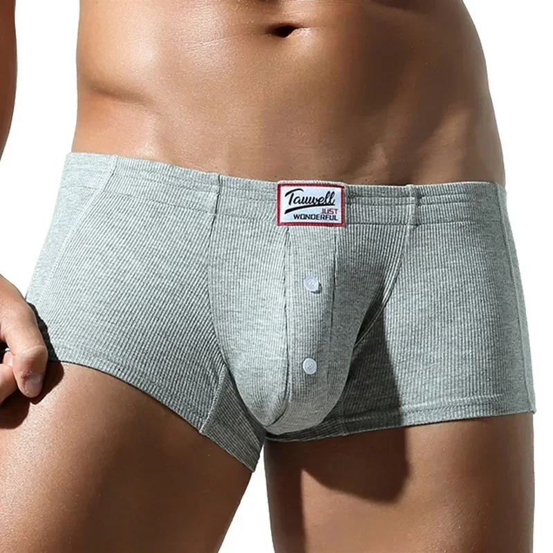 Men's Simple Trunk Ribbed Cotton Breathable Comfortable Boxer Shorts Low-Rise Bulge Pouch Buttons Sewat Absorption Sports Pantie