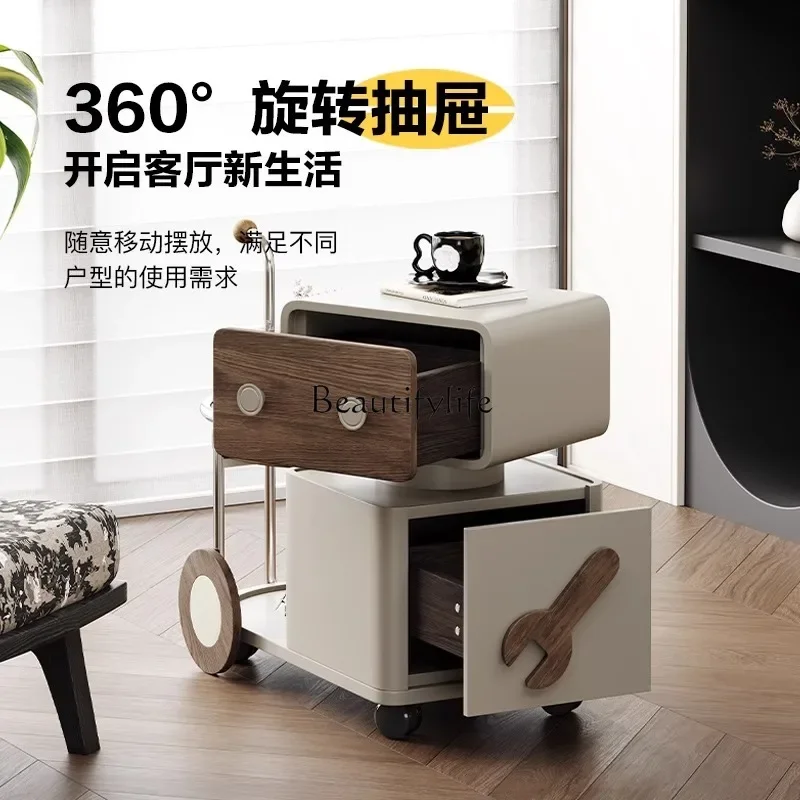

yj32 Creative trolley living room mobile coffee table Nordic simple solid wood storage rotating drawer