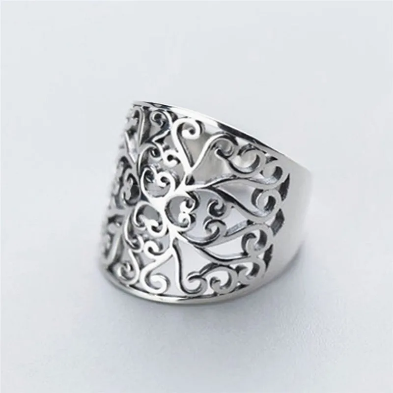 925 Sterling Silver Hollow Flower Design Women Rings Boho Fancy Female Finger Rings Wide Band Statement Jewelry