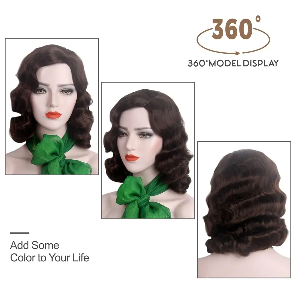 Korte 20S Wave Natuurlijke Pruiken 1920S Cosplay Kostuum Haar Voor Vrouwen Dagelijks Kostuum Feest Midden Bruin Haar Accessoires