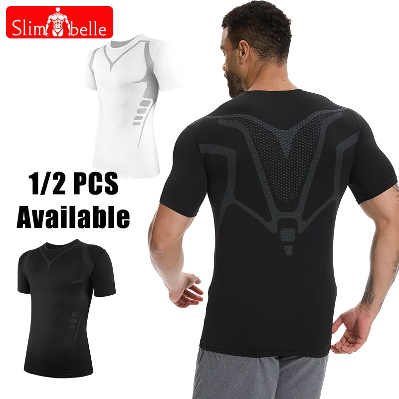 

2PCS Men's Short Sleeve T-shirt Summer Compression Shaping Vest Slimming Vest Body Shaper Tank Top Fitness Workout Shirts