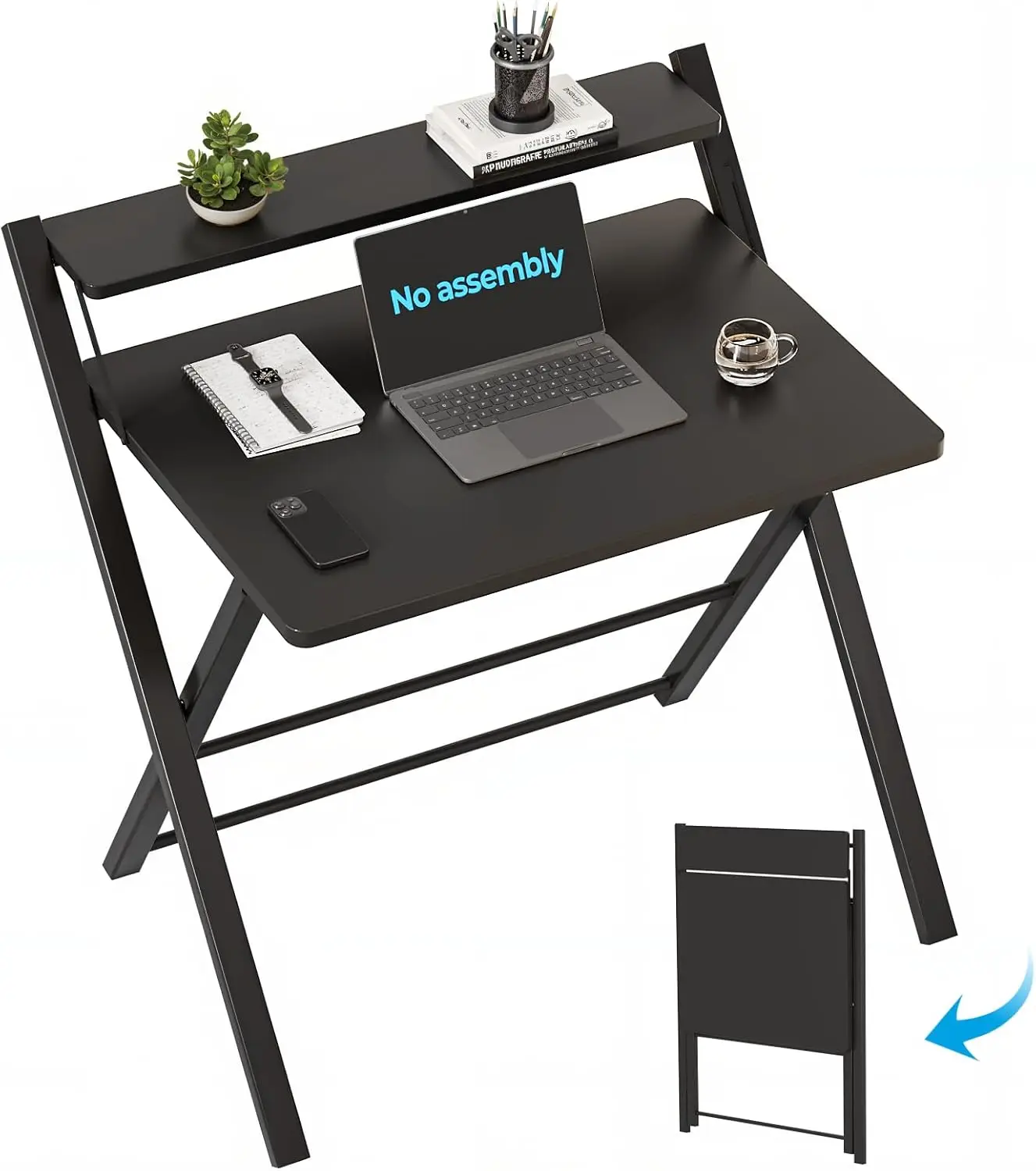 

No Assembly Folding Desk, 2-Tier Compact Computer Desk with Shelf, Space Saving Foldable Table for