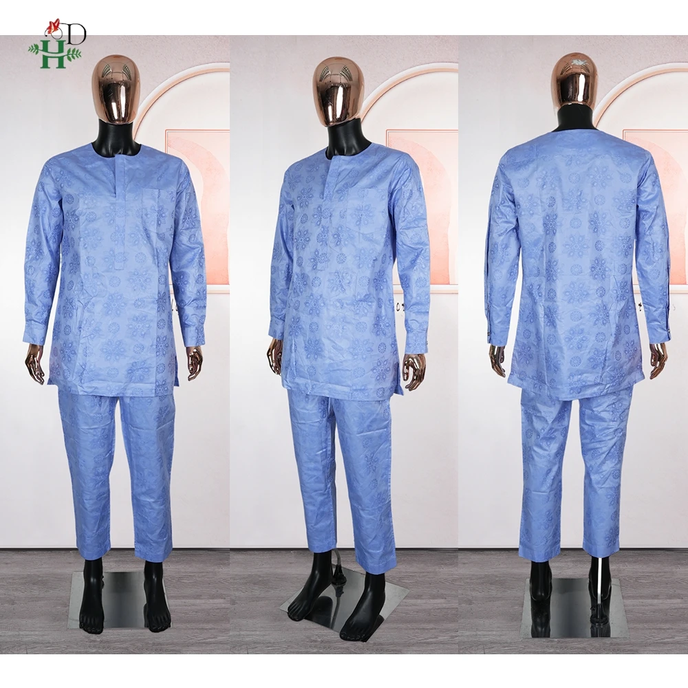 H&D African Traditional Muslim Ramadan Embroidery Wedding Party Thobe Bazin Riche Outfits 3PCS Robe Suit No Cap For Men Agbada