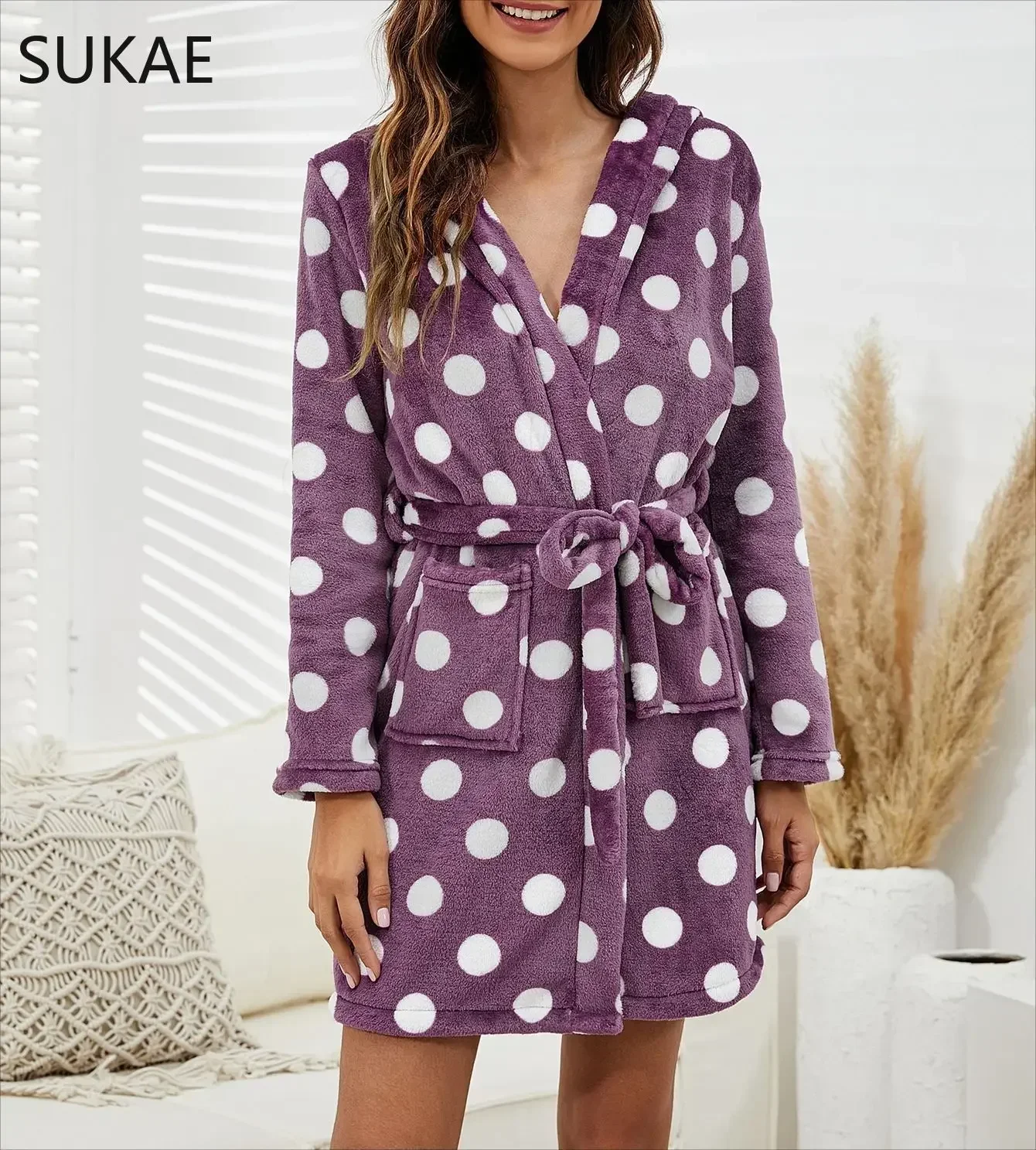 SUKAE Winter Womens Robes Pink Velvet Hoodies Bathrobes Long Sleeves Flannel Homewear Leisure Sleepwear Sexy Lingeries for Lady