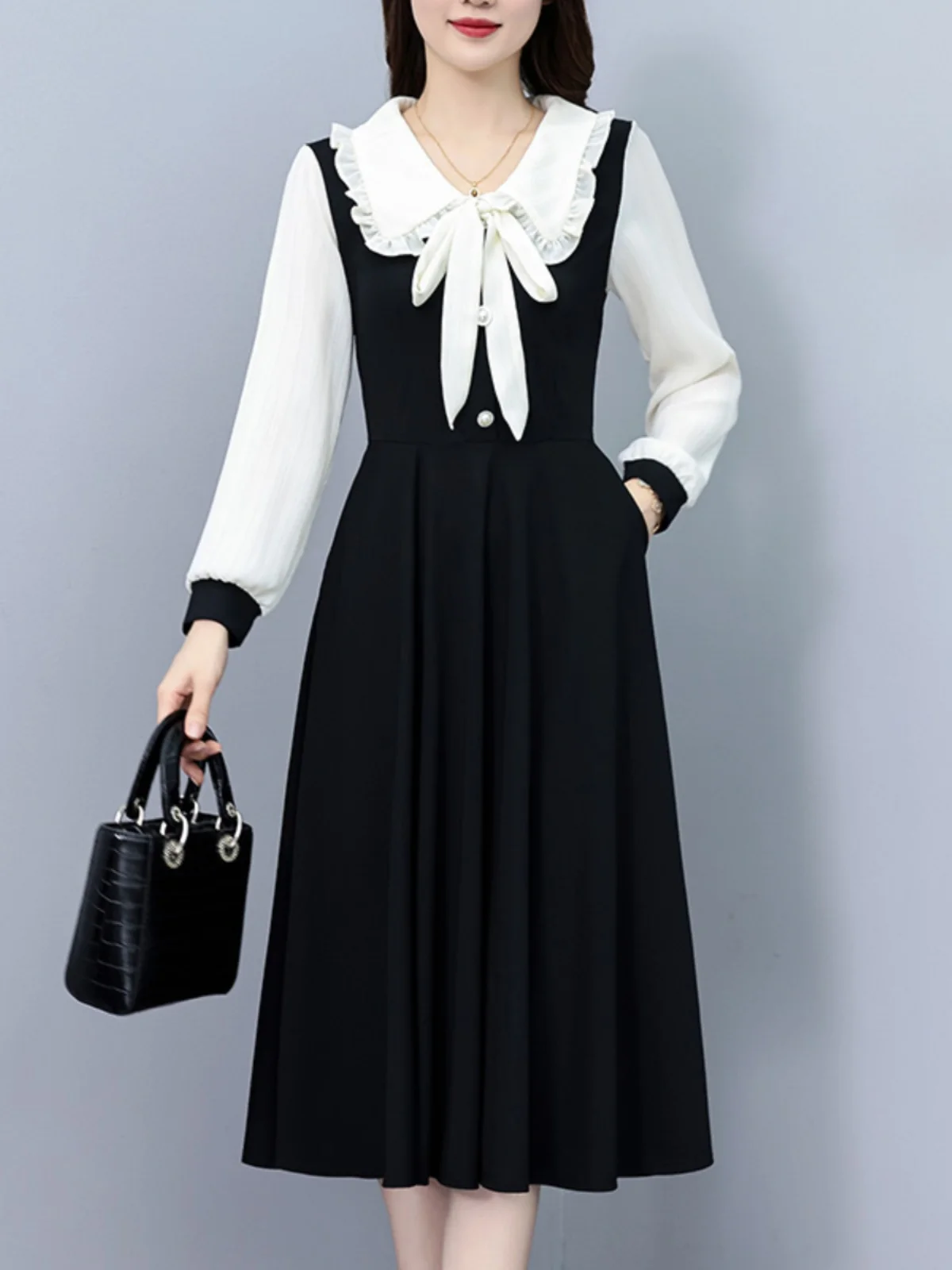 

Fashionable Tie Waist Doll Collar Dress Women's Autumn Winter New Style Elegant Small Size Fake Two-Piece Skirt French Style