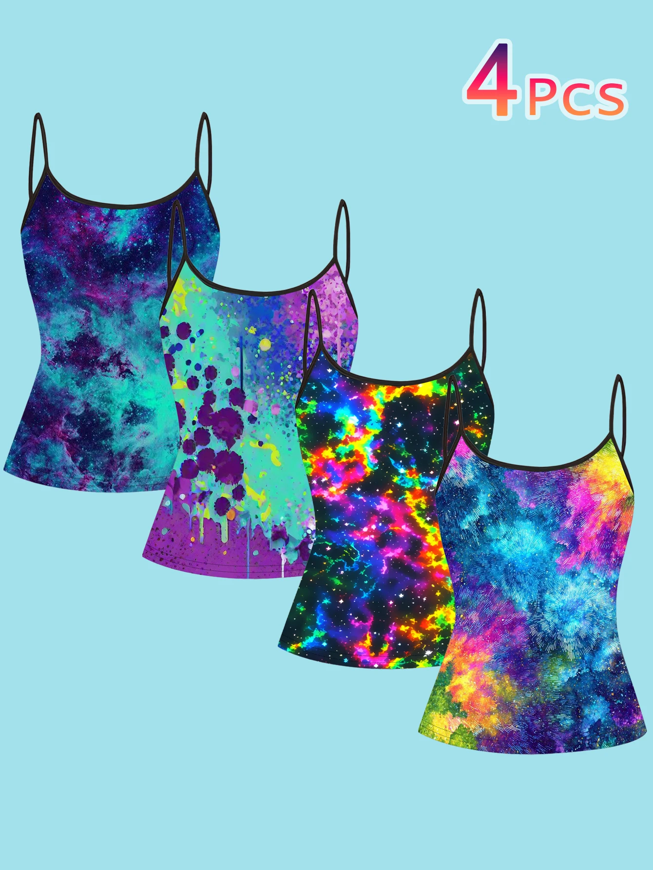 4-Piece Set of Women's Artistic Graffiti Nebula Print Camisoles, Iridescent Splash Ink Rainbow Lightning Slim-Fit Spaghetti Strap Inner Tops