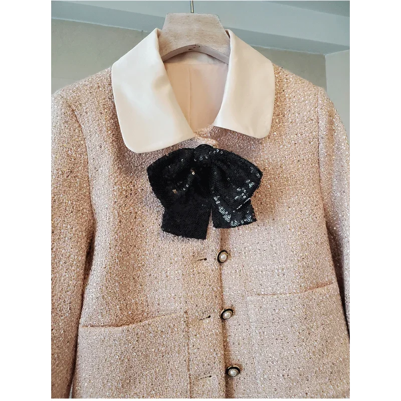 Setelan jas wanita pita manis wangi kecil musim gugur musim dingin mantel lengan panjang berpayet + rok Fashion wanita kantor Tweed Set dua potong