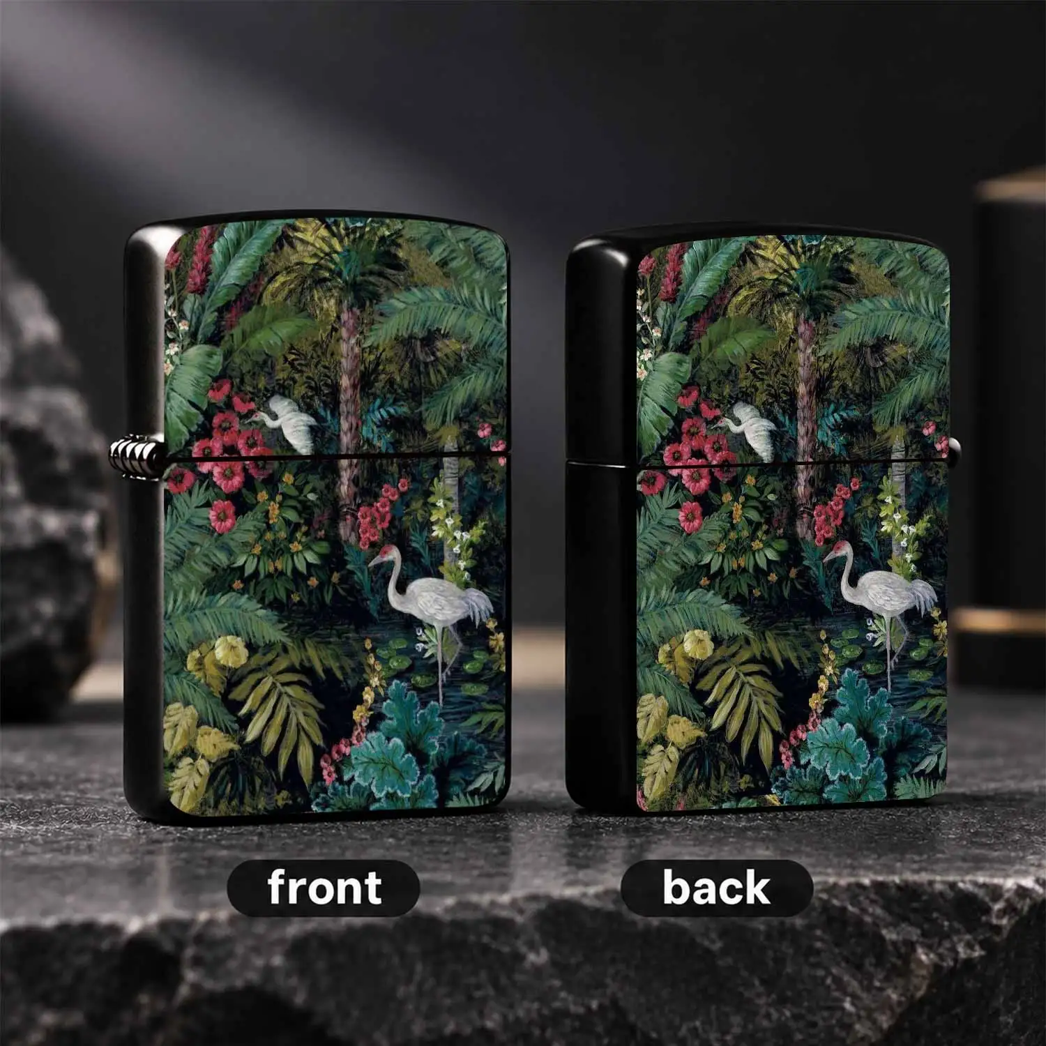 Vintage Tropical Jungle Floral Painted Lighter, Exotic Rainforest Heron Full-Print Art Design, Aesthetic Decor Accessory For Daily Multi-Scene Use, Unique Creative Gift For Friends And Hobbyists, Portable Stylish Person A Humorous And Inter