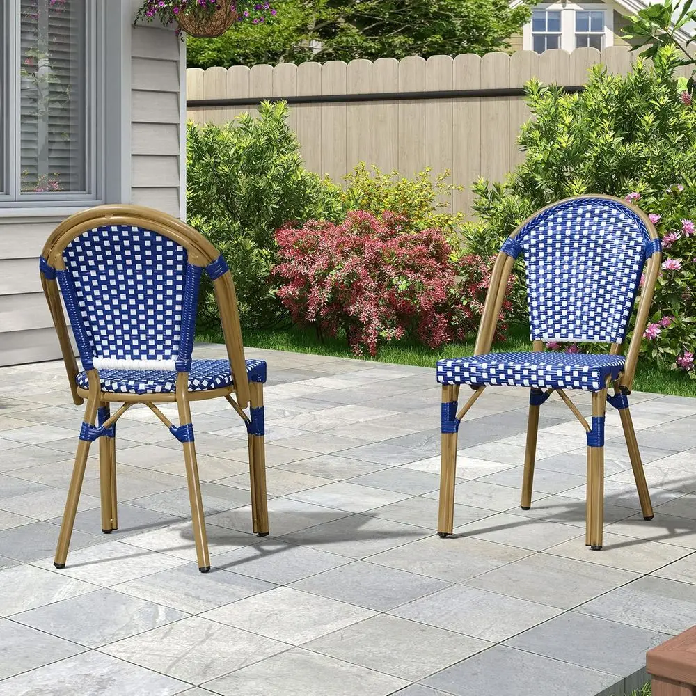 

Set of 2 French Hand-Woven Wicker Chairs for Outdoor Patio Porch Garden Indoor, Bamboo Print Finish, Dark Blue, Dining Chairs