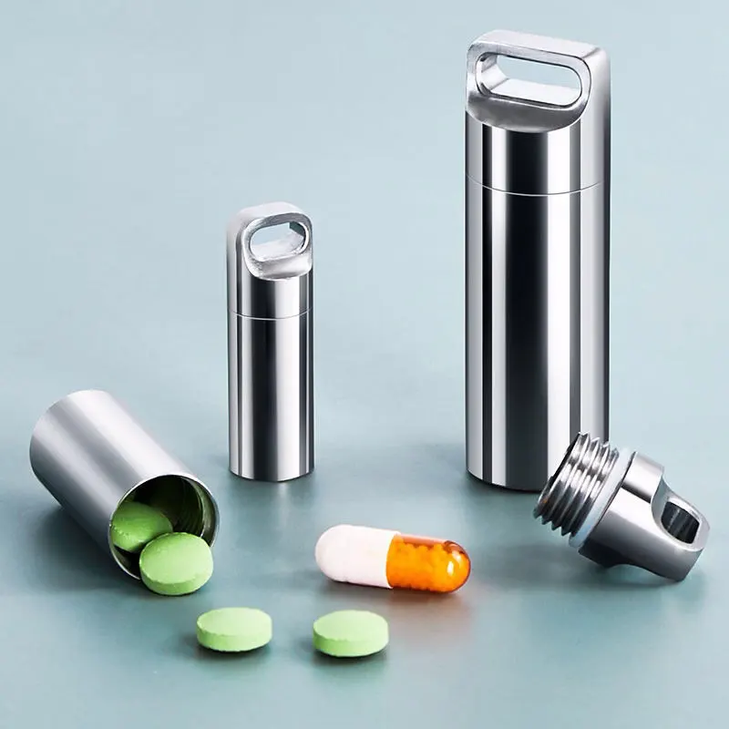 

S/M/L Portable Stainless Steel Sealed Capsule Bottle Mini Waterproof Jar Pill Case Camping Firstaid Pendant Keyring Medicine Box