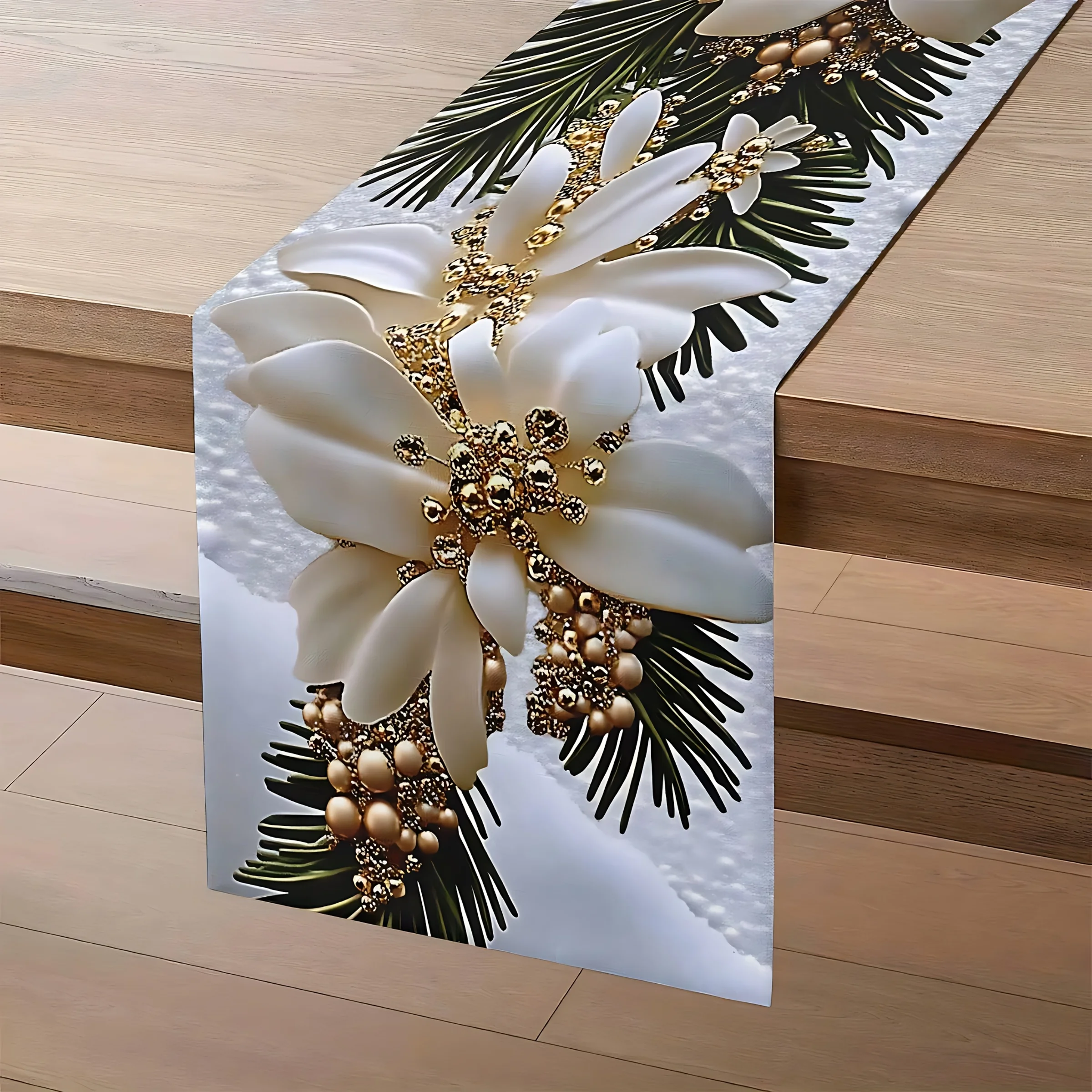 1 Piece of Stereo Embossed Christmas Table Flag with White Flowers, Pine Branches and Golden Beads on a Light Background, Suitable for Christmas Dinners, High-End B&Bs, Holiday Parties, Art Exhibitions, Handicraft Markets, Home Decorations, Theme Cafes, Accessible Luxury Parties