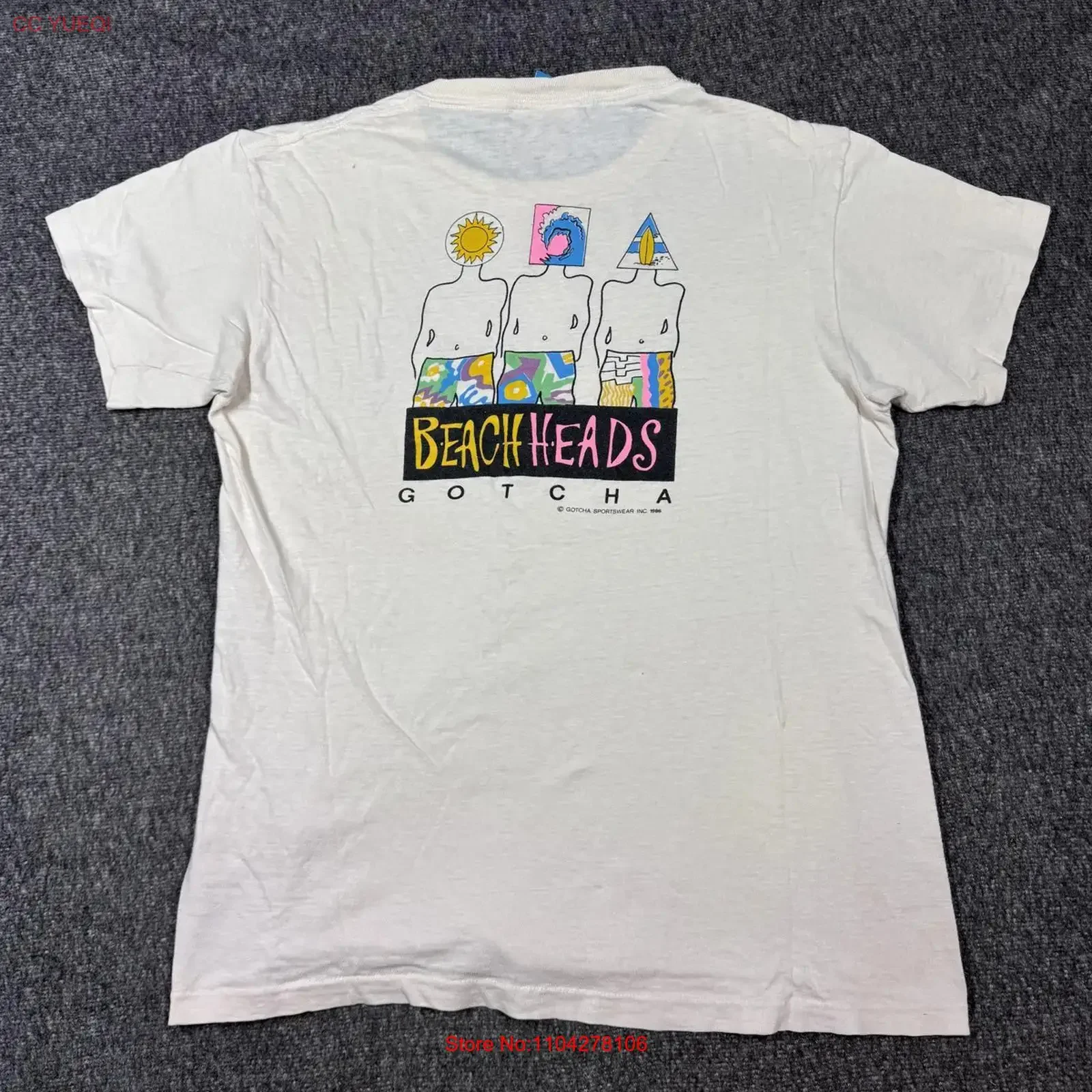 Camiseta Vintage Gotcha Beach Heads para hombre, talla XL, blanca, Surf Skate 1986, estilo vintage de los años 80, lavada, suave, transpirable, informal, con gráfico.