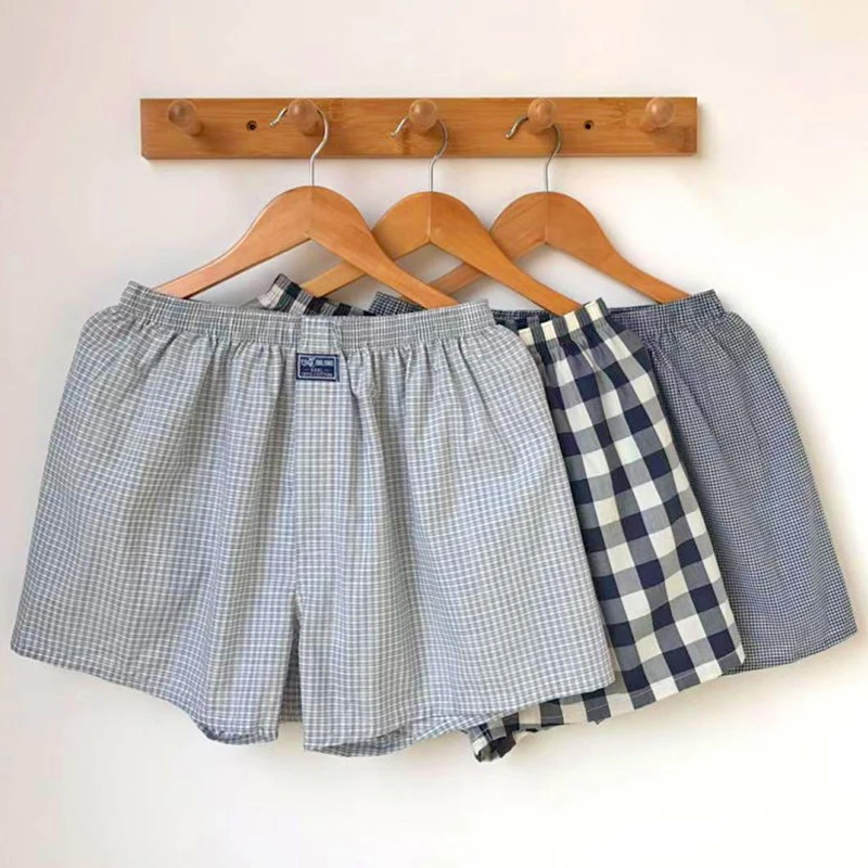 Men\'s 100 Cotton Sleep Plaid Underpants Underwear Shorts Casual Comfortable Homewear Striped Beach Boxers Panties