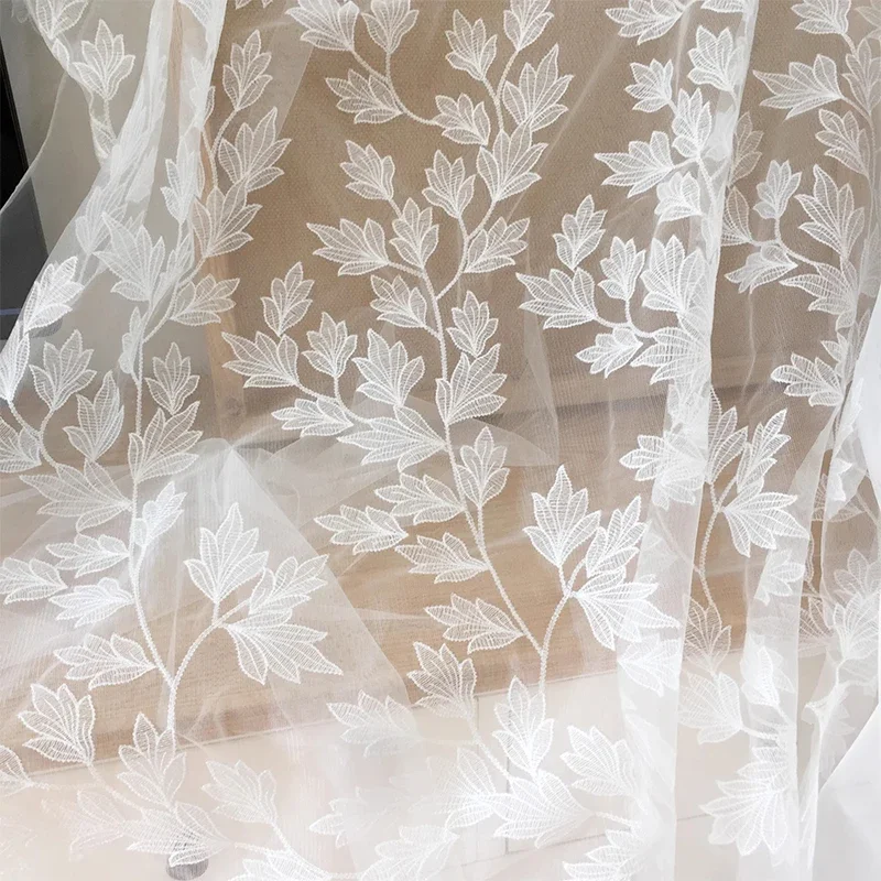 Off White Leaf Floral Lace Fabric for Wedding Gown Couture Dress Tulle Embroidery Lace Fabric Designer Fabric By the yard