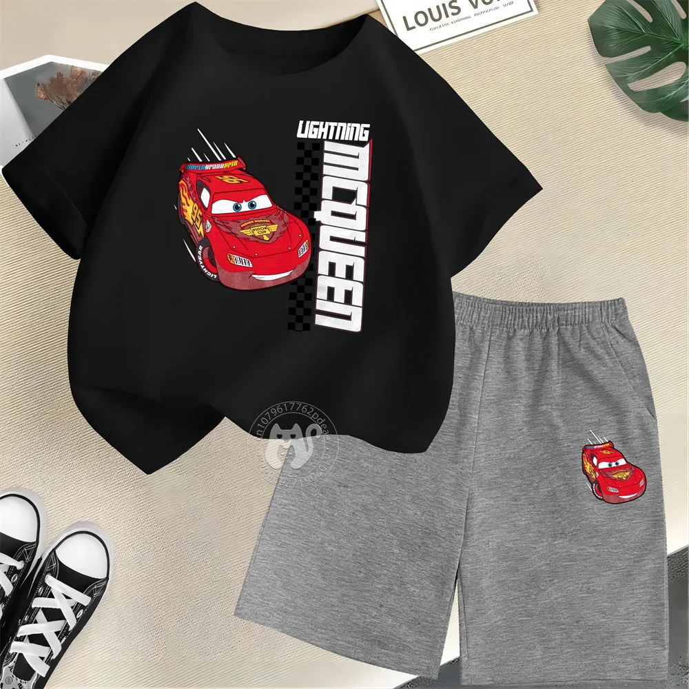 Summer Boys Girls 100% Cotton T-shirt + Shorts Cartoon Super Cool Star Racing McQueen Printed Kids Fashion Street casual suit