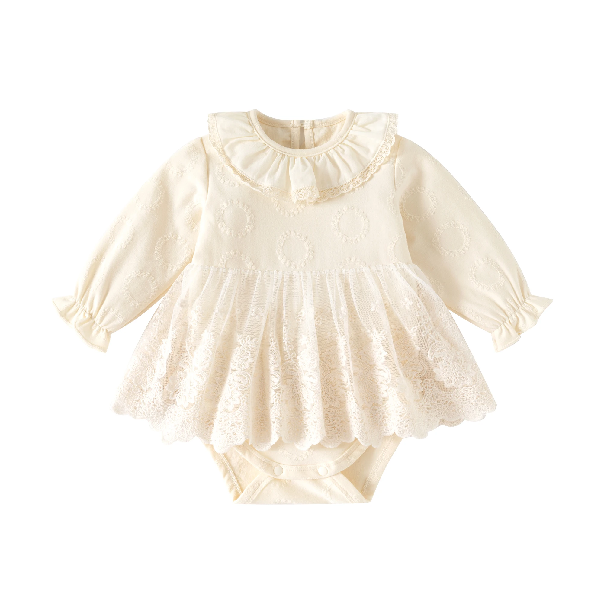 Ruffles Lace Flowers Newborn Baby Dress for Spring Autumn Apricot Princess Dresses