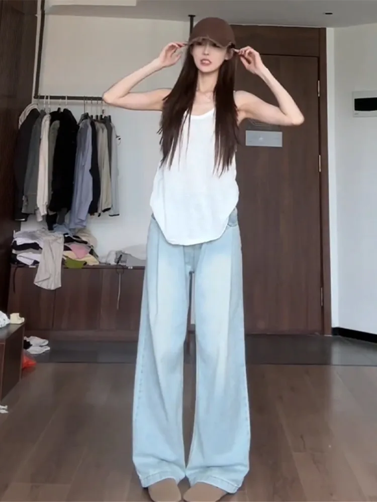 

American High Street Light Color Straight Leg Jeans Women Summer Thin High Waist Extended Loose Drapey Wide Leg Floor Length ...