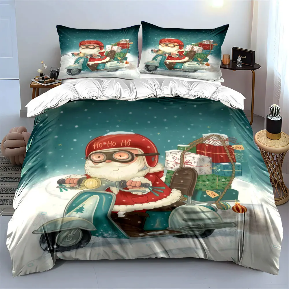 Santa Claus Riding a Scooter Delivering Gifts Print Duvet Cover Bedding Set Included 1*Duvet Cover 2*Pillowcases Luxury gifts
