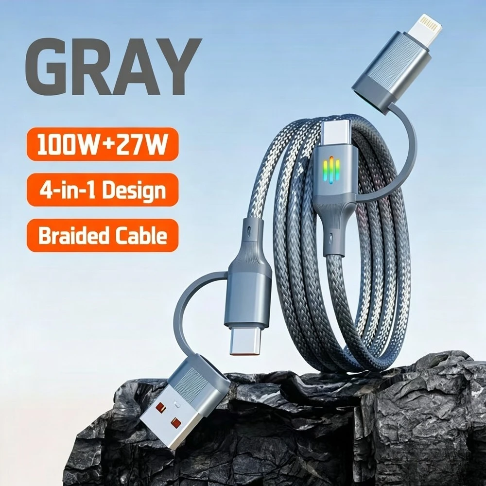 65W Multi-Color Breathing Light 4-in-1 Data Cable, Braided Fast-Charging Cable