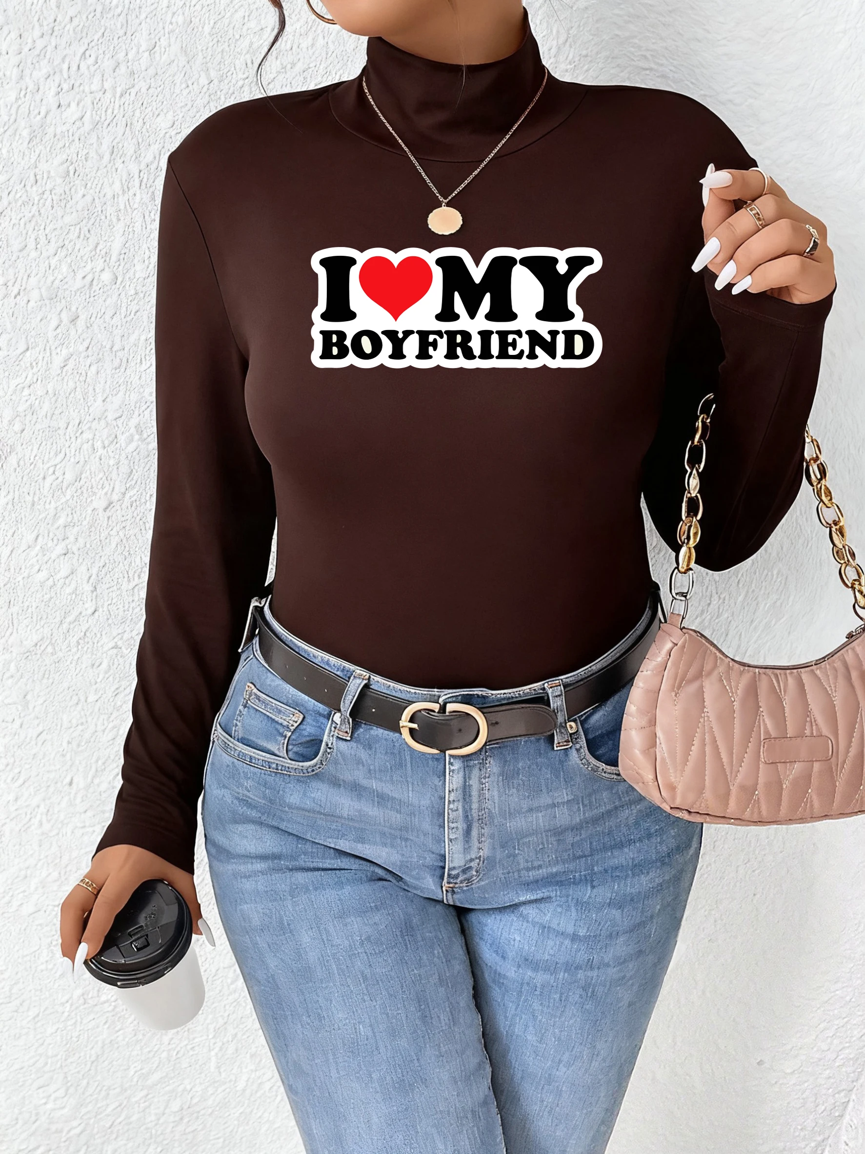 أنا أحب صديقي نمط الأساسية قميص المرأة الخريف لينة تي شيرت الصوف مريحة طويلة الأكمام Y2K نصف الرقبة العالية الملابس