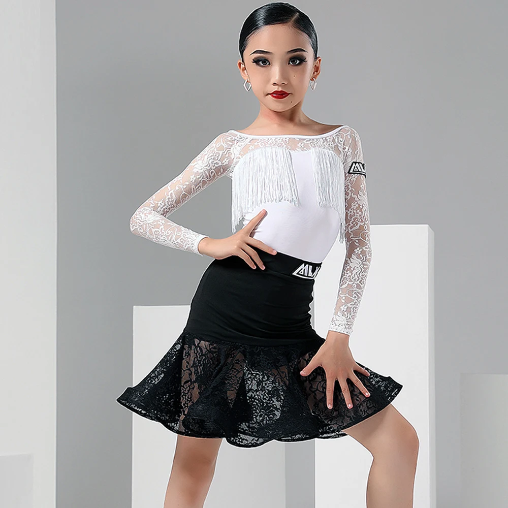 

Girls Latin Dance Competition Costume Lace Sleeve Tassel Bodysuit Lace Skirt Tango Dance Outfit Cha Cha Rumba Dance Dress YS4264