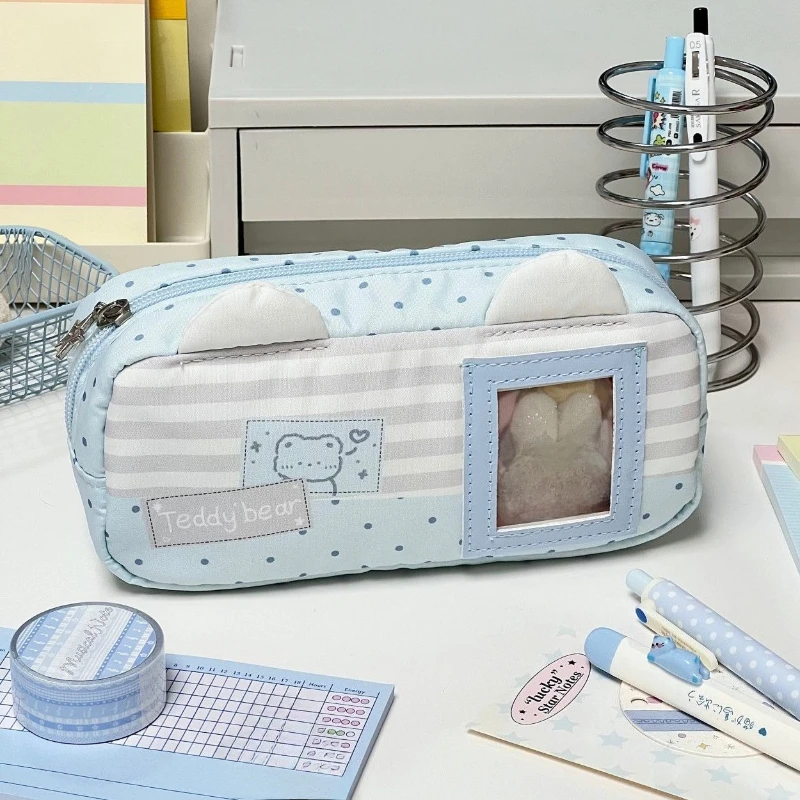 Japanese Style Blue Bear Pencil Case Large Capacity With Clear Visible Window Aesthetic Cartoon Stationery Storage Bag