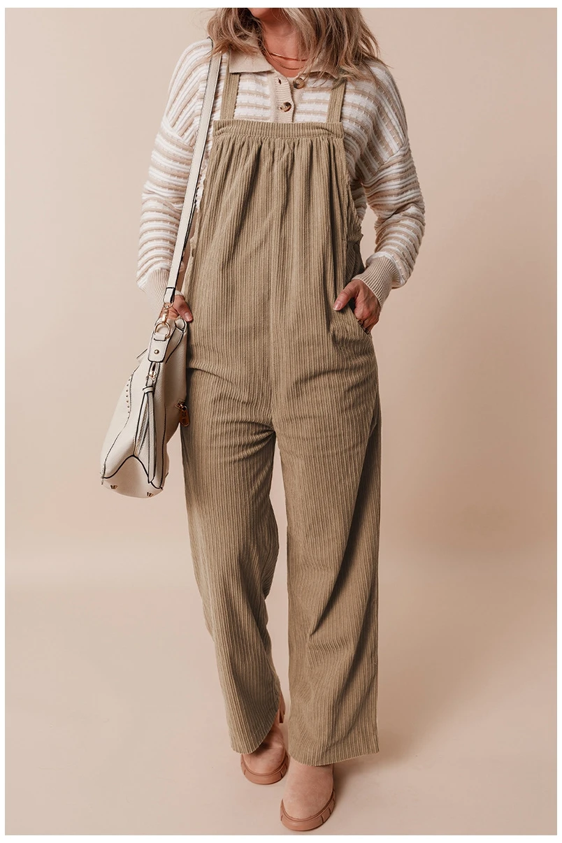 Women's Solid-Color Multi-Pocket Corduroy Overalls / Jumpsuit - Simple and Versatile