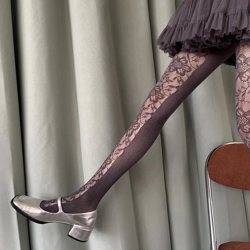 Fashion Front Floral Jacquard Women's Pantyhose Hollow Out Breathability Hottie Retro Black Purple Lace Tights