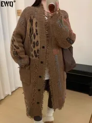 [EWQ] Big Size Tassel V-neck Single Breasted Long Knit Cardigan Patchwork Leopard Women Winter Sweater Coat 2024 Autumn 16O2653