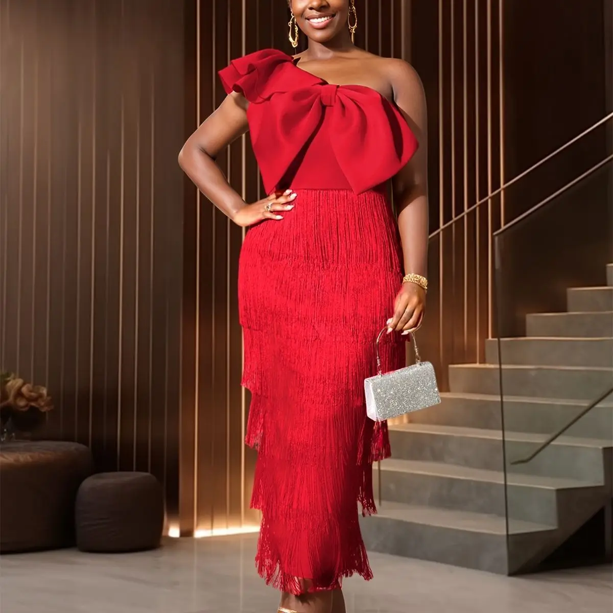 

Am041017 Elegant Solid Color Bodycon Fringe Dress Party Banquet Asymmetric Neck Large Bow Dress Dress Robe Vestido Women Elegant