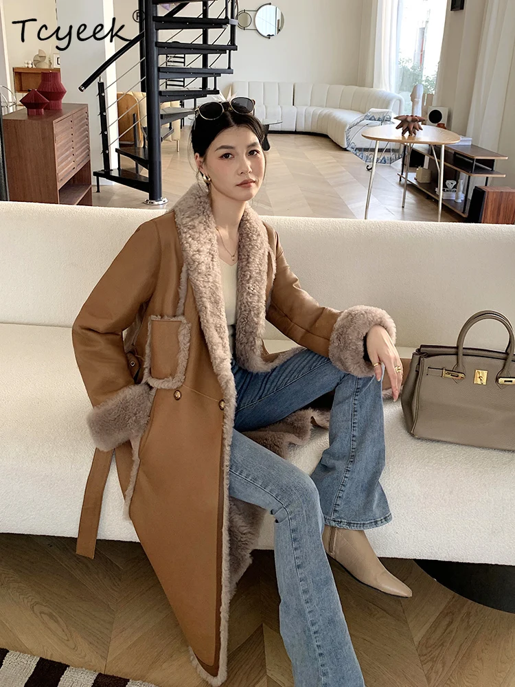 Tcyeek lana genuina Otoño Invierno gama alta moda tarjeta profunda longitud media mujer lana piel de oveja abrigo Fourrures Femme