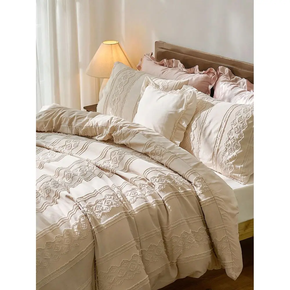 

3PCS Khaki Tufted Textured Polyester Duvet Cover Set, Boho Shabby Chic Bedding Set For All Seasons Use, Modern Bohemia Style, S