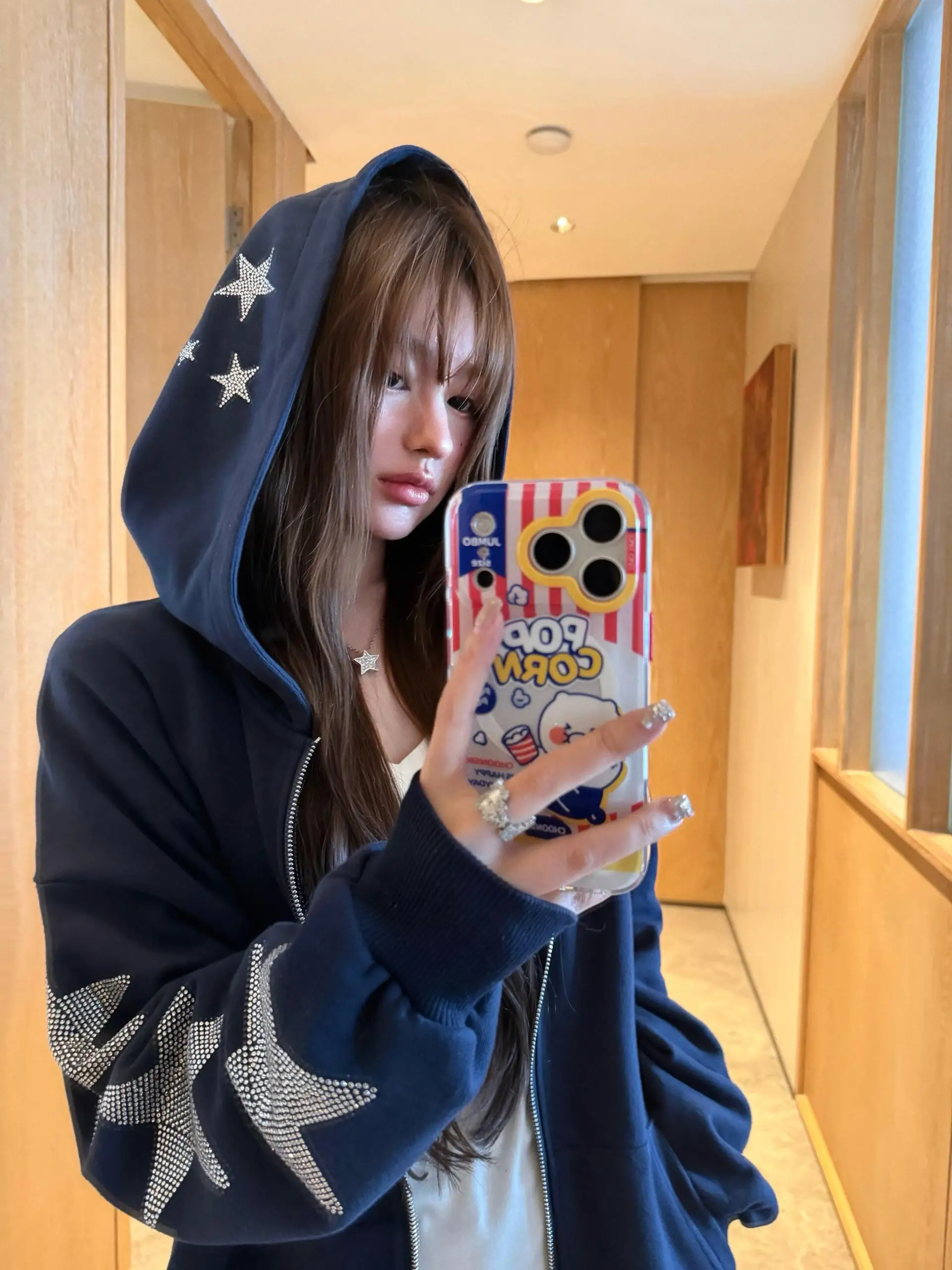 American Style Loose Fit Hoodie Women's Zipped Cardigan Blue Rhinestone Star Design Student Lazy Style Outerwear