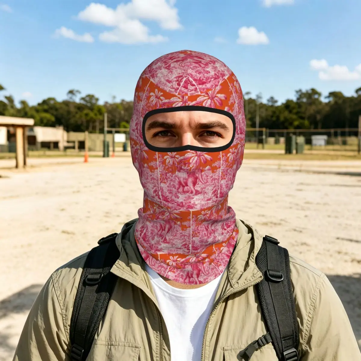 Toile De Jouy - Pink And Orange Breathable Thin Balaclava Full Face Mask Sun Protection Neck Gaiter For Motorcycle Cycling