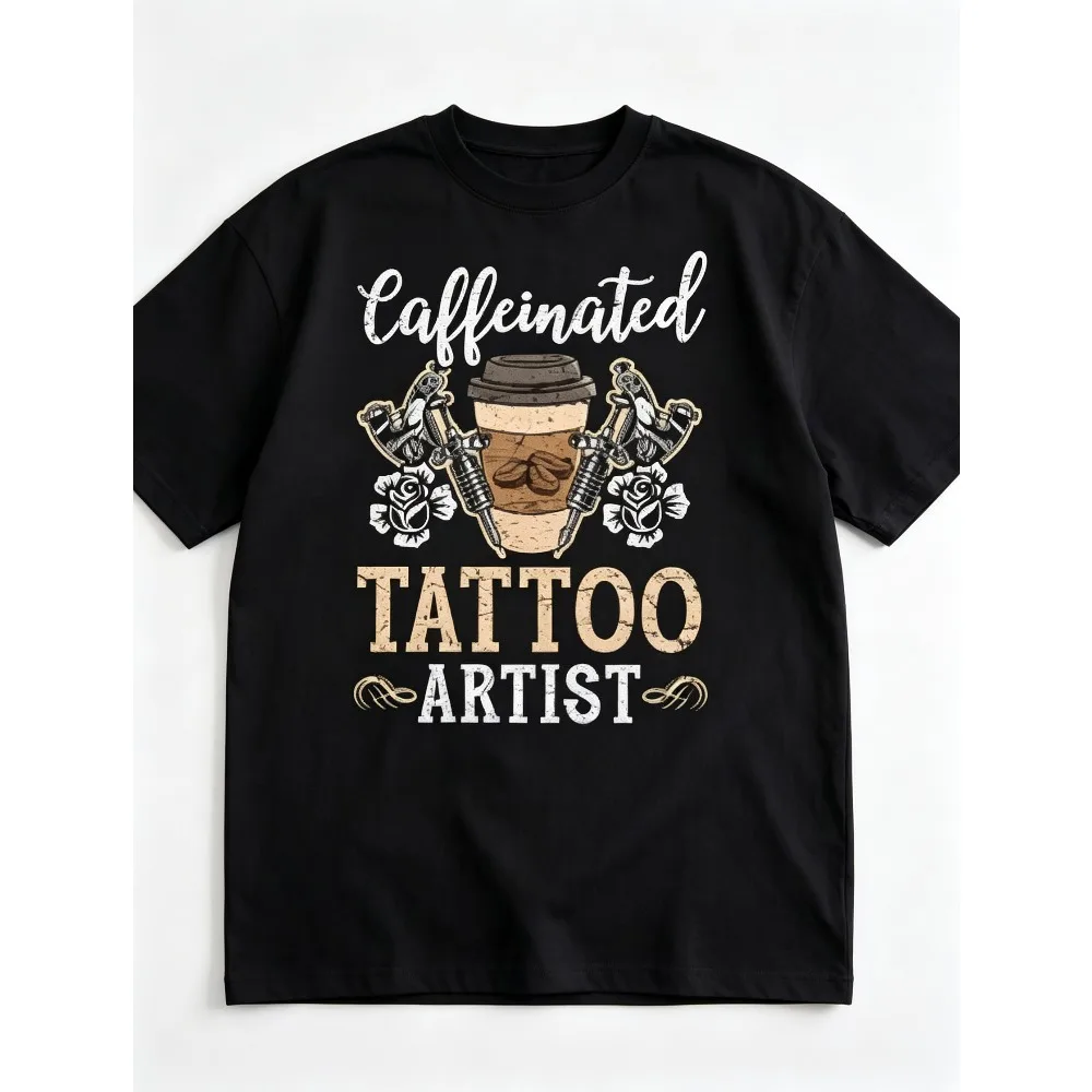 2026 New  Men Casual Short Sleeve T-shirt American Vintage Tattoo Artist Back Graphic Dual Tattoo Machine Coffee & Rose