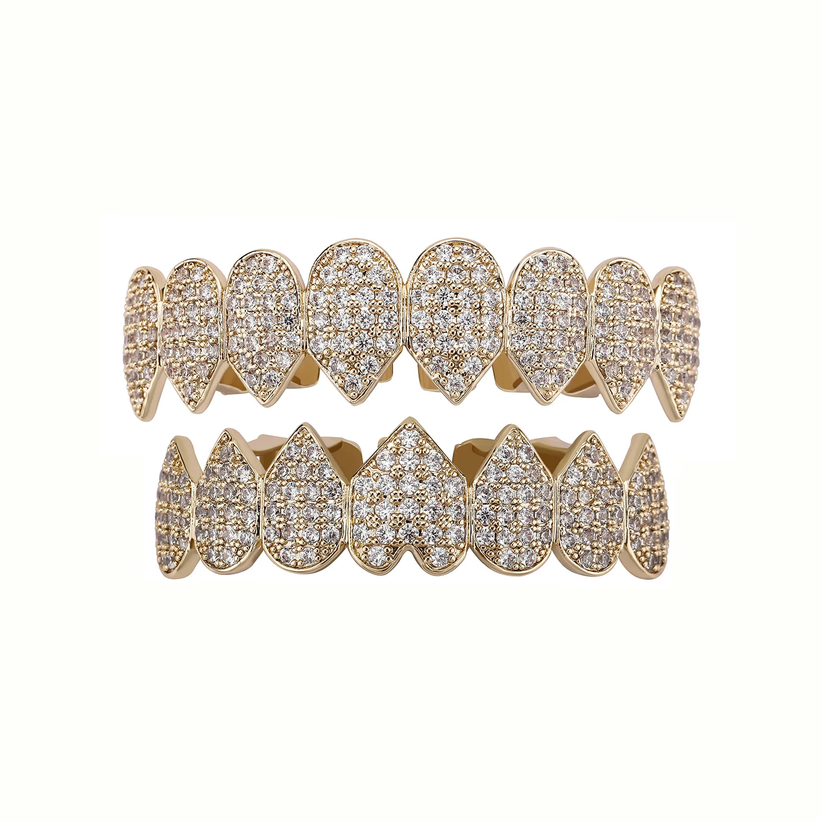 Hip Hop 8 Teeth Grillz Full Pave Heart Design Gold Silver Plated Top Bottom  Rapper Party Cosplay Mouth Jewelry Bulk Wholesale