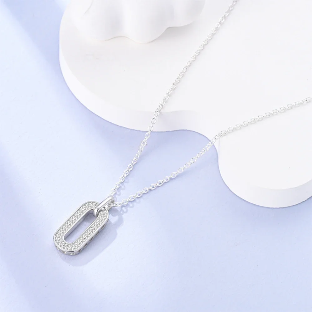 Silver Colour Pavé Round Rectangle Pendant Necklace for Women Pendant Necklace Jewellery Gift Anniversary Birthday