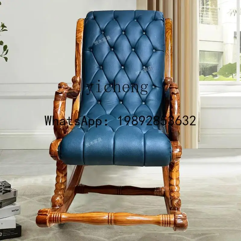 Ebony Wood Genuine Leather Rocking Chair All Solid Wood Lazy Sofa Leisure Balcony Recliner