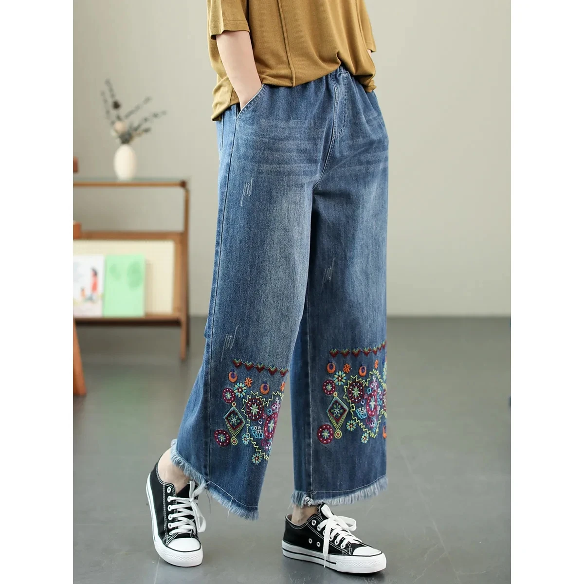Ethnic style Jeans For women 2026 Spring Autumn Collection Elastic High waisted Embroidered Loose Nine quarter Wide leg Pants
