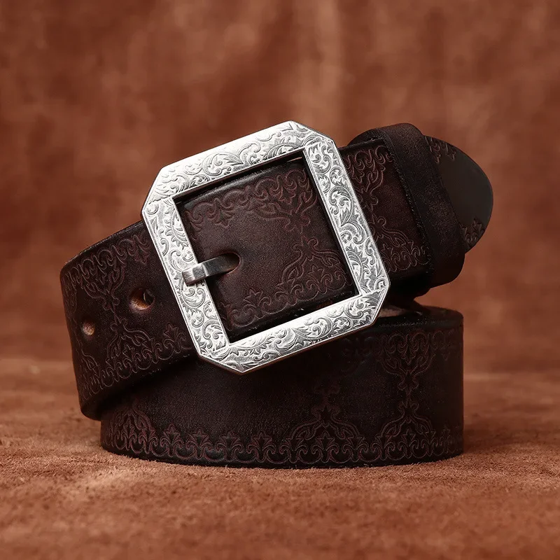 3.8CM Thick Genuine Leather Belt with Vintage Carving Buckle for Men