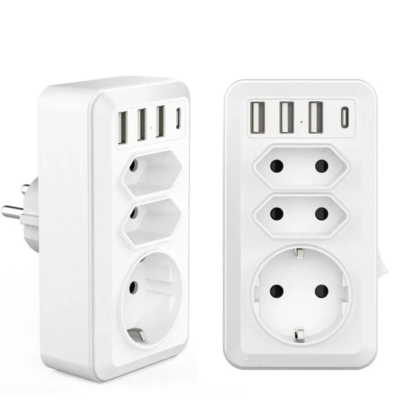 EU Standard Wall Socket With 3 AC Outlets 3 USB Port 1 TypeC and ON/OFF Swtich Control Power Strip Plug Adapter Converter CE FCC