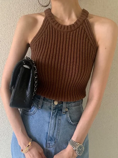 

Slim Fit Pure Color Knitted Top Women's Summer New Sle Hot Girl Ne Hanging Sle Versatile ort Svel round Ne